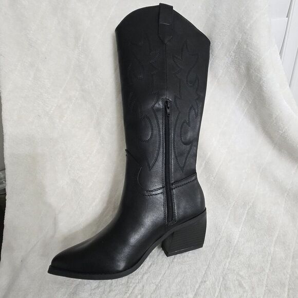 NEW WITH TAGS Sz 6 Madden NYC Western Boots Black Tall Embroidered Block Heel‎ - Picture 2 of 10